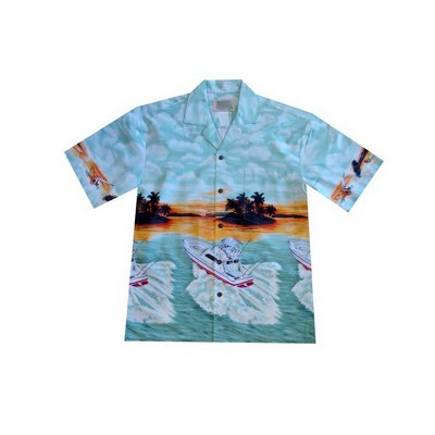 Green Hawaiian Border Print Cotton Poplin Shirt w/ Button Front