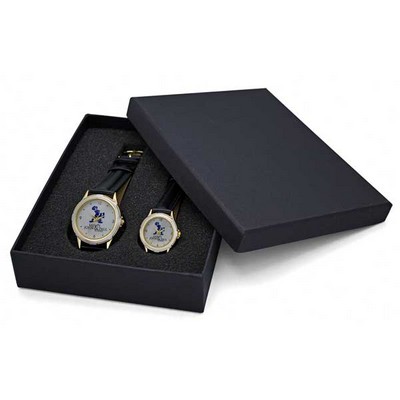 Sleek 2-Tone Dress Watch Set w/Genuine Leather Band & Japanese Quartz Movement