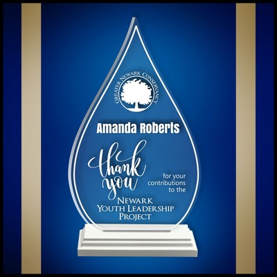 6" Droplet Clear Acrylic Award with a White Wood Base