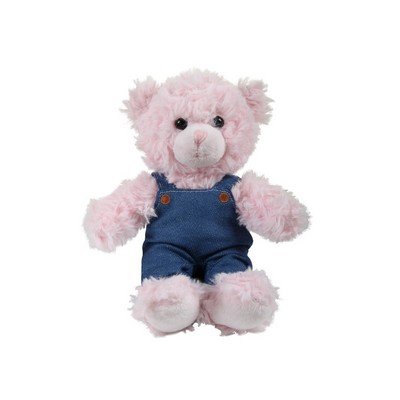 soft plush Pink Curly Sitting Bear in denim overall