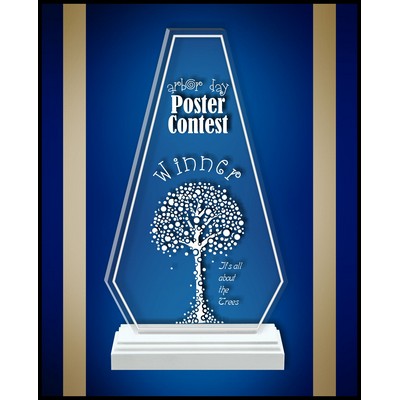 12" Wedge Tower Clear Acrylic Award with a White Wood Base