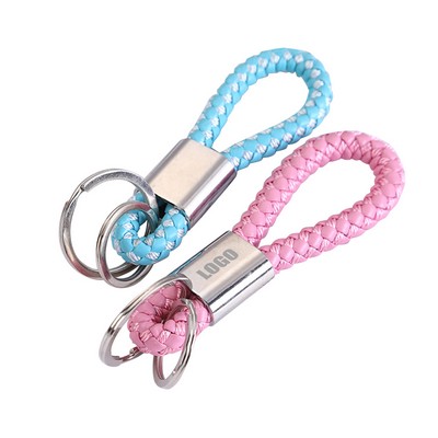 Dual Rings Weaved PU Leather Keychain