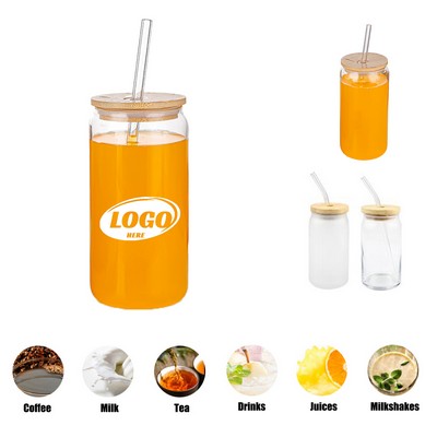 16oz Wide Mouth Drinking Glasses w Bamboo Lids & Straws