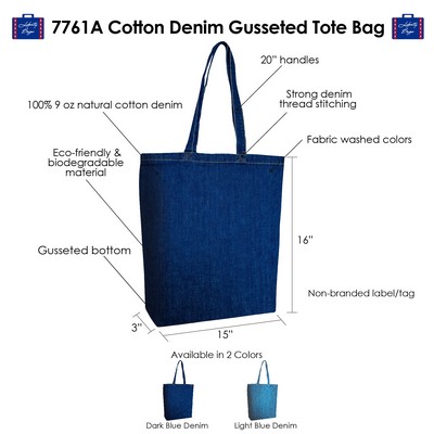 Cotton Denim Gusseted Tote Bag