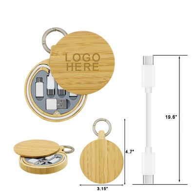 Round Bamboo Multi-Function Charging Cable Kit W/ Key Chain