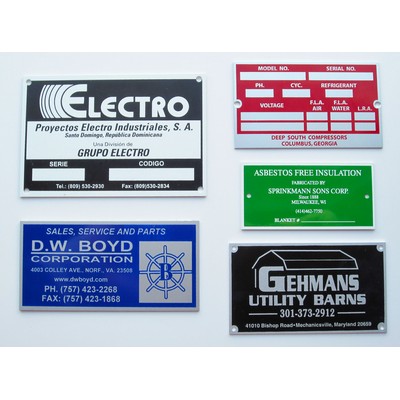 Aluminum ID/Name Plates falling between 10-14.9 sq. inches w/ a an epoxy screen printed imprint.