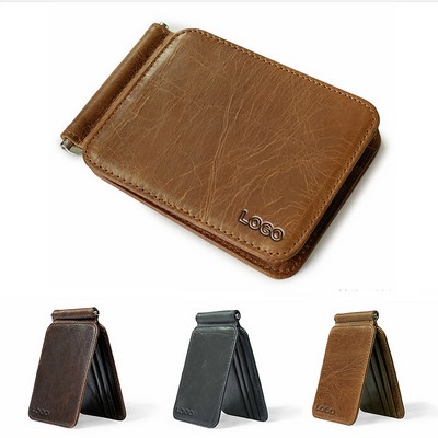 Retro Leather Wallet Money Clip w/Metal Clip