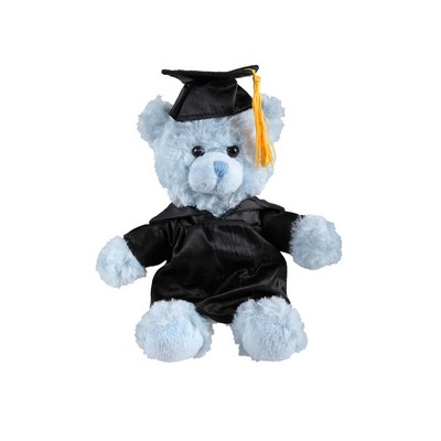 soft plush Blue Curly Sitting Bear with graduation cap &gown