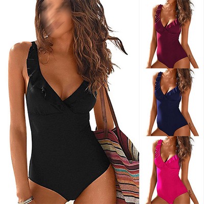 V Neck Ruffled Bathing Suit Ruched Slimming Swimwear