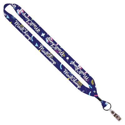 ¾" Dye-Sublimated Lanyard w/Metal Crimp, Split-Ring & Bulldog Clip