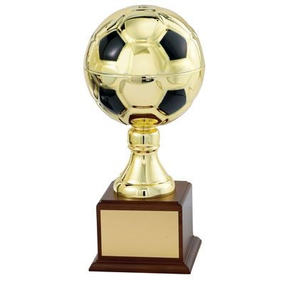 10½" Gold/Black Soccer Ball Trophy w/Wood Base & Pedestal