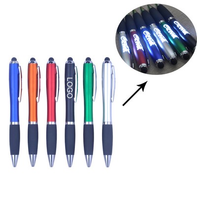 3-in-1 Plastic Multifunctional Ballpoint Pen With Stylus & Logo LED Flashlight & Rubber Grip Section