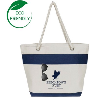 Nautical Rope Canvas Tote Bag - Natural Beige/Navy Blue