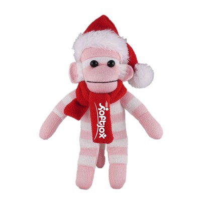 Pink Sock Monkey (Plush) with Christmas Hat and Scarf