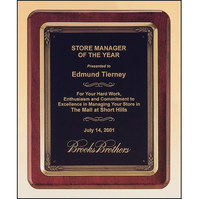 Rosewood piano finish plaque with antique bronze plated metal frame casting, 10.5 x 13"