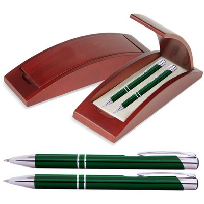 JJ Series Pen and Pencil Gift Set in Rosewood Color Wood Gift Box with Hinge Cover, Green pen