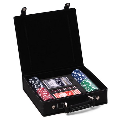 Sleek black poker set case with 100 clay poker chips, two decks of playing cards, 5 dice