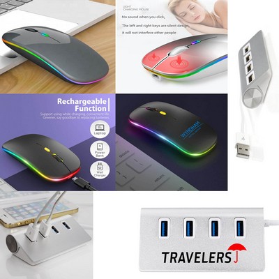 Kidder 4 Port USB Aluminum Hub + LED Wireless Mouse (Gray)