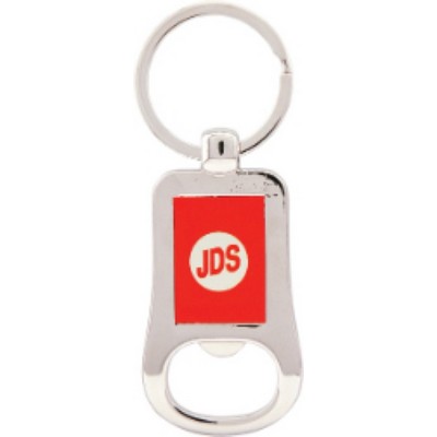 2 1/8" Silver/Red Laserable Bottle Opener Keychain