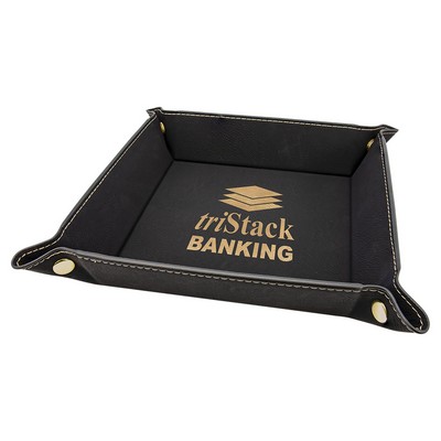 6" x 6" Black/Gold Laserable Leatherette Snap Up Tray with Gold Snaps