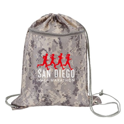 Digital Camo Zippered Pocket Drawstring Backpack