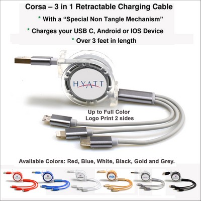 Corsa 3 in 1 Retractable Charging Cable - Grey