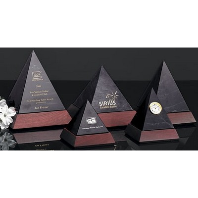 8" Black Genuine Marble Pyramid Award w/Mahogany Base