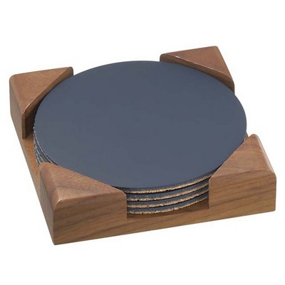 Round Leather Cork Back Coaster Set of 4 w/Walnut Wood Stand