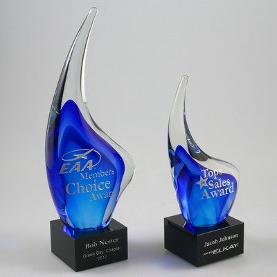 8½" Blue Teardrop Art Glass Award w/Black Glass Base