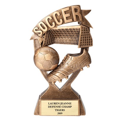 7" Antique Gold Resin Finish Matte Gold Soccer Banner Trophy