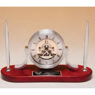 Silver Skeleton Clock Movement w/Rosewood Piano-Finish Base & Silver Pen