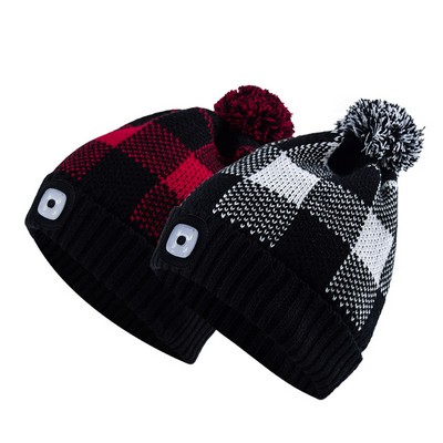 Checkered Style LED Light Beanie Hat with Pompom