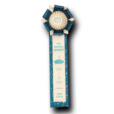 Custom Rosette Ribbon w/ Single Streamer & Confetti Underlay (5 1/2"x17")