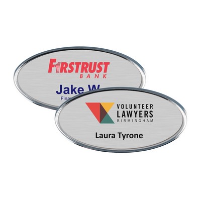 Silver Framed Oval Name Badge w/Full Color Imprint & Personalization (2 3/8" x 1 1/8")