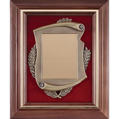 Walnut Frame with Scroll & Brushed Brass Plate on Red Velour, 12-1/2"x15-1/2"