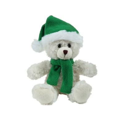 soft plush Cream Curly Sitting Bear with Christmas scarf &hat