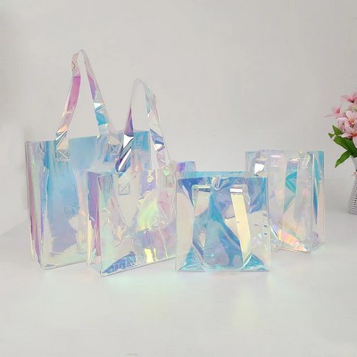 Custom logo holographic iridescent waterproof PVC shopping tote bag Clear tote bags transparent pvc