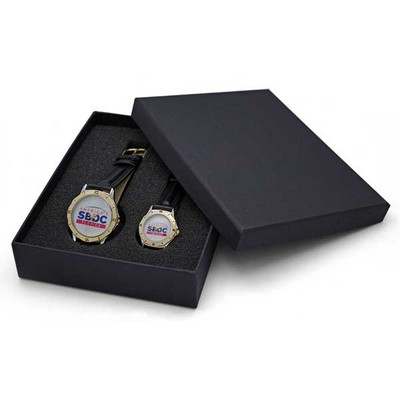 Elegant Design Watch Set w/ Polished 2 Tone Watch Case & Black Bands