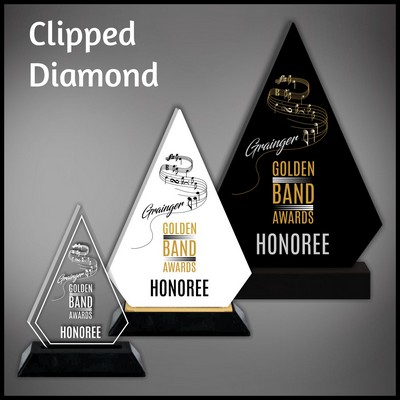 8" Clipped Diamond Clear Acrylic Award with a Black Wood Base