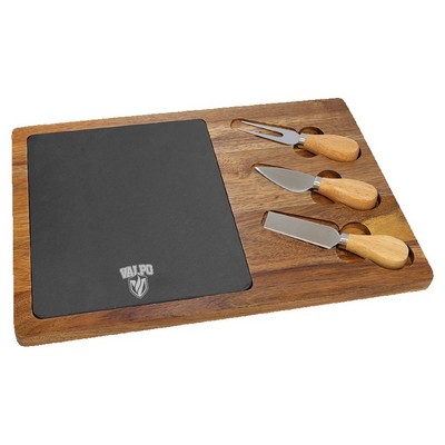 Flair Rectangle Acacia Wood & Slate Cutting Board w/3 Tool Cheese Set