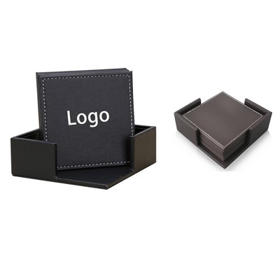 6pcs Square Shaped Leather Coaster Set with Holder