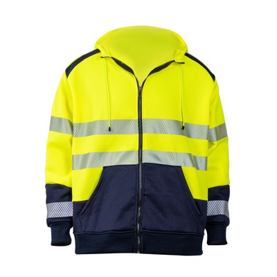 Hi Viz Class 3 Color Block Safety Zipper Hoodie With Segmented Tape And Kangaroo Pocket