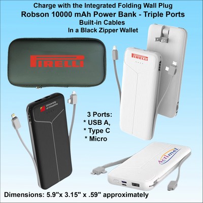 Robson 10000 mAh Power Bank - Triple Ports, Integrated Wall Plug, Built in Cables, in a Black Zipper