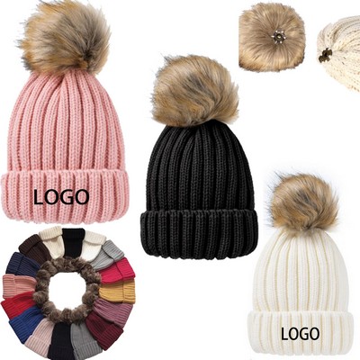 Winter Warm Knitted Beanie Hat With Faux Fur Pom