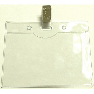 Clear Vinyl Horizontal Badge Holder w/Strap & Bulldog Clip (4"x3")