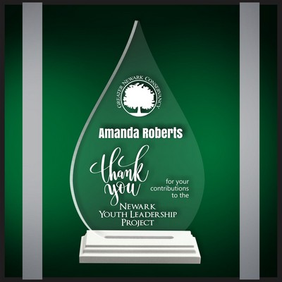 9" Droplet Clear Budget Line Acrylic Award in a White Wood Base