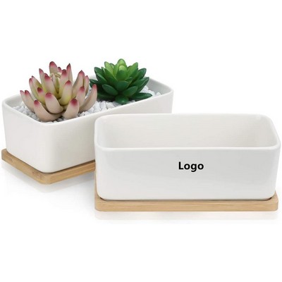 White Rectangle Ceramic Succulent Planter Pot With Bamboo Tray Cactus Plant Pot