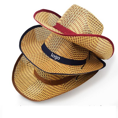 Straw Cowboy Hat Summer Beach Panama Fedora Sun Wide Brim