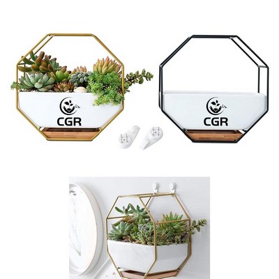 Octagon 7" White Ceramic Wall Planter Vase with Drainage Hole with Bamboo Tray