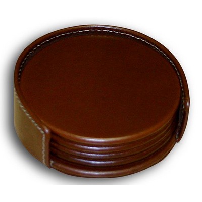 Rustic Brown Round Leather Coaster Set w/Holder (4 Coaster Set)